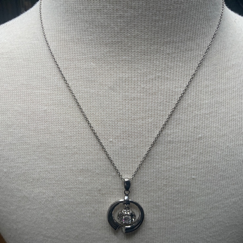 Silver-colored Necklace with Circle and Rhinestone Charm